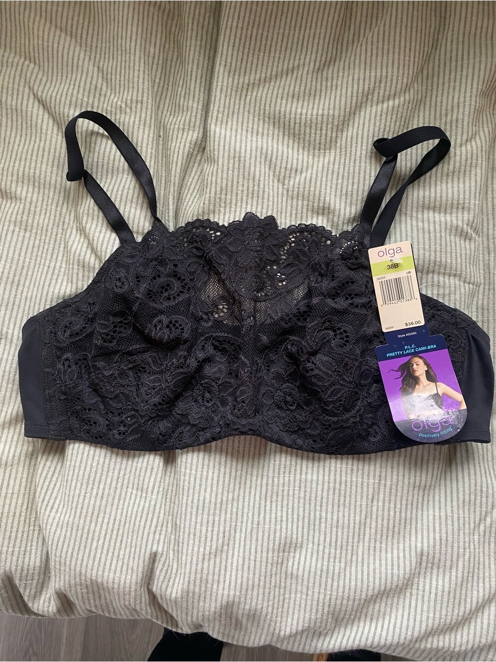 NWT Olga Black Lace Underwire Bra - Pretty Lace Camisole Style, Size 38B